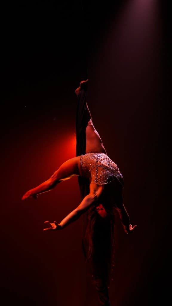 Sally en figure aérienne dans une ambiance de spectacle